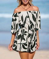 Cupshe Women's Black & White Tropical Off-Shoulder Wide Leg Romper