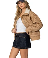 Edikted Womens Faux Suede Shearling Bomber Jacket