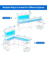 gaomon Reversible L Shaped Computer Desk with Hutch, 67" Gaming Desk with Led Lights & Power Outlets
