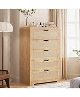 gaomon 5 Drawer Rattan Dresser for Bedroom, 47.27” Tall Dresser with Power Outlets, Wood Dresser Chest of Drawers with Metal Handles for Living
