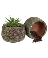 Sunnydaze Decor 10" Round Lava Finish Ceramic Plant Pot Set - Features 1 Drainage Hole - 1.3 Gal Soil Capacity - Green Distressed Ceramic - Set of 2