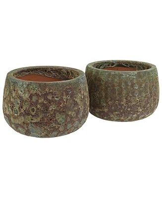 Sunnydaze Decor 10" Round Lava Finish Ceramic Plant Pot Set - Features 1 Drainage Hole - 1.3 Gal Soil Capacity - Green Distressed Ceramic - Set of 2