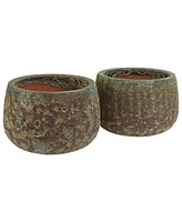 10" Round Lava Finish Ceramic Plant Pot Set - Features 1 Drainage Hole - 1.3 Gal Soil Capacity - Green Distressed Ceramic - Set of 2