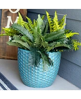 14" Raised Hexagon Pattern Glazed Ceramic Plant Pot - Features 1 Drainage Hole - 1.75 Gal Soil Capacity - Turquoise