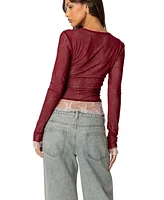 Edikted Women's Lacey Sheer Mesh Crew Neck Top