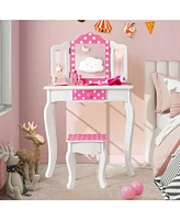 Gouun Kids Vanity Table and Stool Set with Cute Polka Dot Print