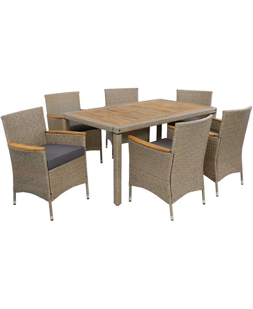 Sunnydaze Decor Foxford 7-Piece Rattan and Acacia Outdoor Dining Set - 1 Table and 6 Chairs with 6 Thick Seat Cushions