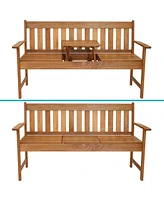 Sunnydaze Decor Meranti Wood Outdoor Patio Bench with Built-In Pop-Up Table - Teak Oil Finish - 60-Inch