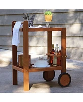 Sunnydaze Decor Outdoor Wood Bar Cart with Wheels - Malaysian Hardwood with Teak Oil Finish - 27.5" Wide x 35.5" High