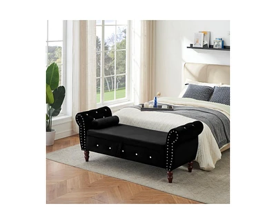 63" Velvet Storage Ottoman Bench with Crystal Buckle, End-of-Bed 1 Pillow-The Pop Home