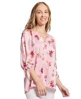 Jones New York Petite Floral-Print Tie-Cuff Top