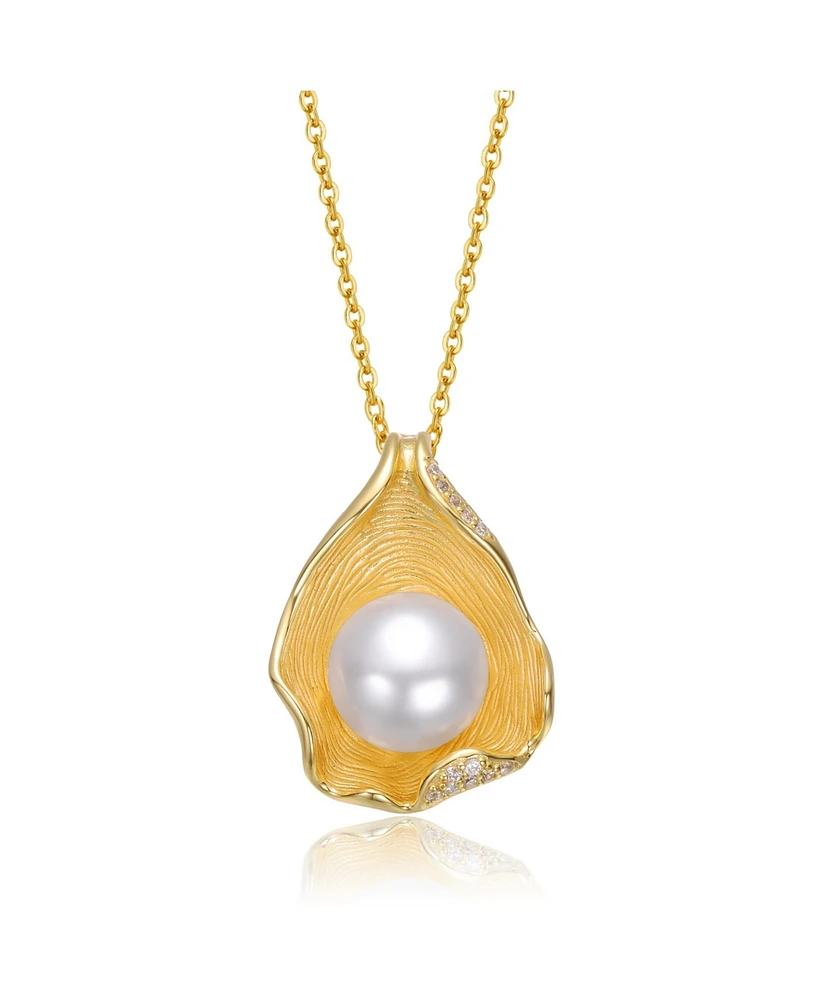 Genevive Sterling Silver 14K Gold Plated with Freshwater Pearl Mollusk Pendant Necklace