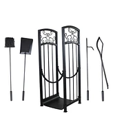 Sunnydaze Decor Small Firewood Rack with 4-Piece Fireplace Tool Set - Includes Firewood Holder, Log Grabber, Brush, Shovel, and Poker - Black