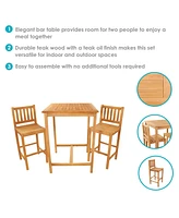 3-Piece Teak Wood Bar-Height Patio Table Set - Outdoor Bar Table and Chairs - For Balcony, Home Bar, or Deck