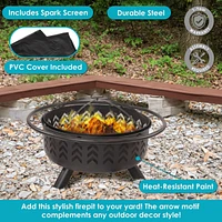 Arrow Motif 36-Inch Round Wood-Burning Fire Pit for Outside - Includes Spark Screen, Built-In Grate, and Cover - Black
