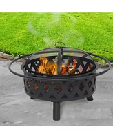 Crossweave Outdoor Fire Pit - Wood-Burning for Outside with Spark Screen, Poker and Round Cover 30-Inch Black