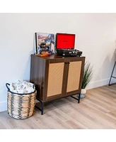 2-Door Rattan Storage Cabinet - Sideboard Buffet with Adjustable Shelf and Doors Light Oak Wood Look