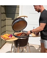 Sunnydaze Decor 18" Kamado Charcoal Grill with Smoker Combo - Outdoor Ceramic Bbq Side Tables and Wheels Red