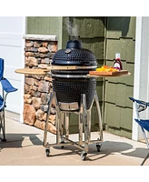 Sunnydaze Decor 18" Kamado Charcoal Grill with Smoker Combo - Outdoor Ceramic Bbq Side Tables and Wheels Red