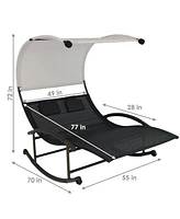 Outdoor Double Chaise Rocking Lounge Chair with Canopy and Headrest Pillows - Black and White with Powder-Coated Frame