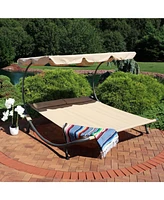 Outdoor Double Chaise Lounge Bed with Canopy and Headrest Pillow - Beige Fabric with Black Powder-Coated Steel Frame