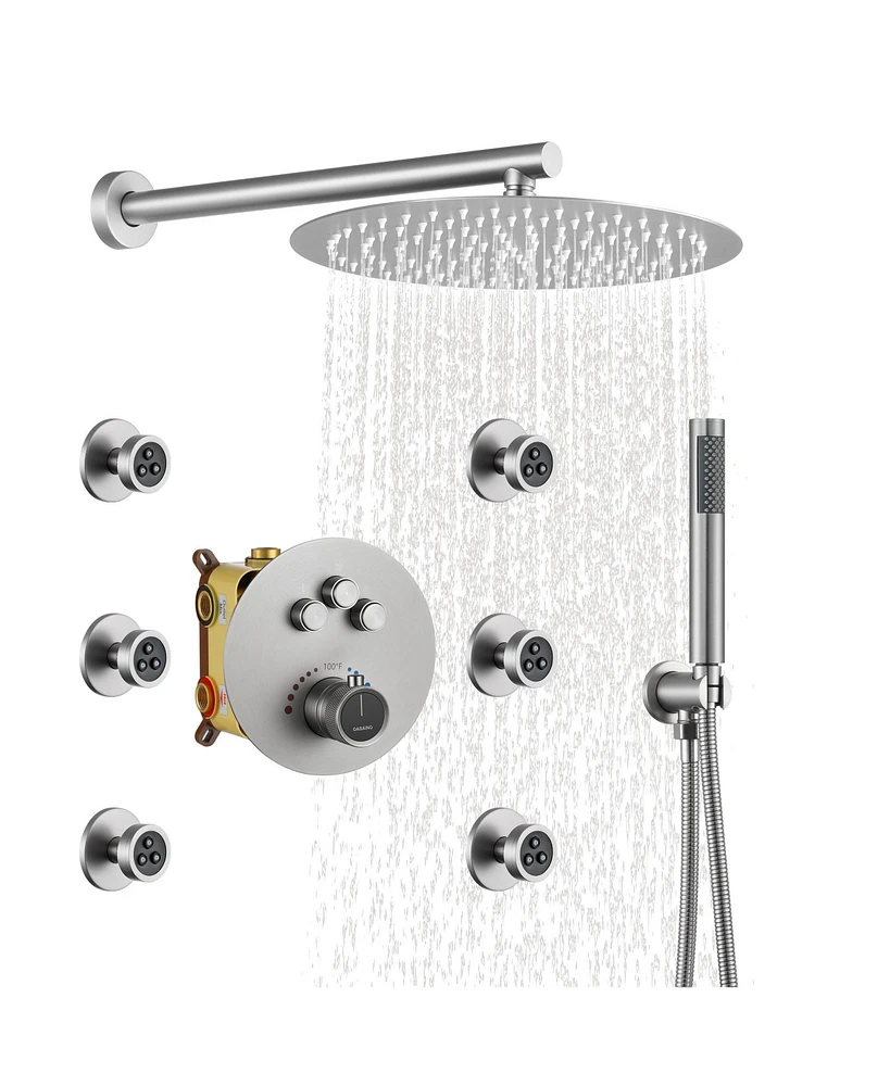 Boyel Living 3-Function Luxury Shower System with Handheld Thermostatic Faucet Body Jets Wall-Mounted Rain Head, Brushed Gol