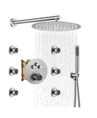 3-Function Luxury Shower System with Handheld Thermostatic Faucet Body Jets Wall-Mounted Rain Head, Matte Black