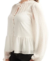 Bcx Juniors' Swiss-Dot Peplum-Hem Tie-Cuff Blouse