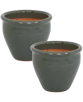 Round Ceramic Planter - Set of 2 Indoor or Outdoor Plant Pots with Drainage Hole 9" Imperial Blue Glaze Chalet