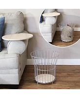 17.25-Inch H Modern Pedestal Wire Side Table with Faux Woodgrain Pull-Open Tabletop - Cream