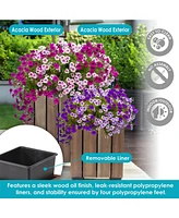 Indoor/Outdoor Wooden Planter Boxes - 2 Acacia Wood Square Plant Pots with Plastic Liners Light Brown Stain