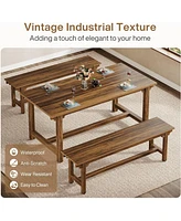 Tribesigns 3-Piece Dining Table Set for 4-6, 55" Large Kitchen Table Set with 2 Benches, Industrial Wood Dining Room Table for Small Space, Home Kitch