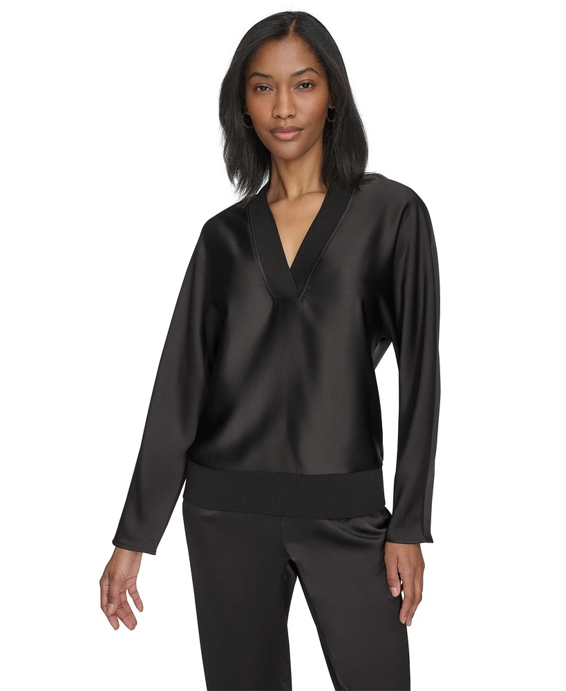 Halston Women's Twill-Satin Ribbed V-Neck Blouse