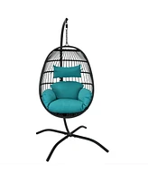 Sunnydaze Decor Dalia Resin Wicker Hanging Egg Chair with - Teal Polyester Cushions and Powder-Coated Steel Stand - 81 Inches H