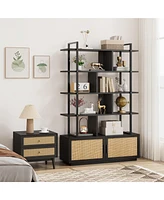 gaomon 5 Tier Rattan Bookshelf with Storage Cabinet & Door