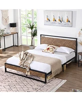 Slickblue Modern Industrial Metal Platform Bed Frame w/ Wood Headboard Footboard