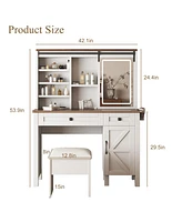 Lovmor Farmhouse Makeup Vanity Desk with Sliding Mirror and Lights and Hairdryer holder and charging socket Multilayer storage Shelves,and 2 drawer an