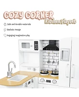 Cozy Corner Interactive Play Kitchen Set for Kids - Wooden Kitchen Playset with Stainless Steel Accessories - White