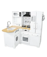 Cozy Corner Interactive Play Kitchen Set for Kids - Wooden Kitchen Playset with Stainless Steel Accessories - White