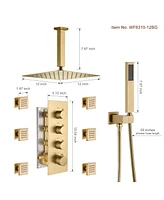 Boyel Living Brushed Gold Celling Mount Thermostatic Rain Shower System with Handheld Shower and Wall Body Jets 3 Functions Wall Mount Shower Faucet