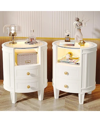 Tribesigns Set of 2 Nightstand with Led Glass Tabletop, Modern Ivory White Nightstand with 2 Drawers, No Assembly Required, Oval Bedside Table for Bed