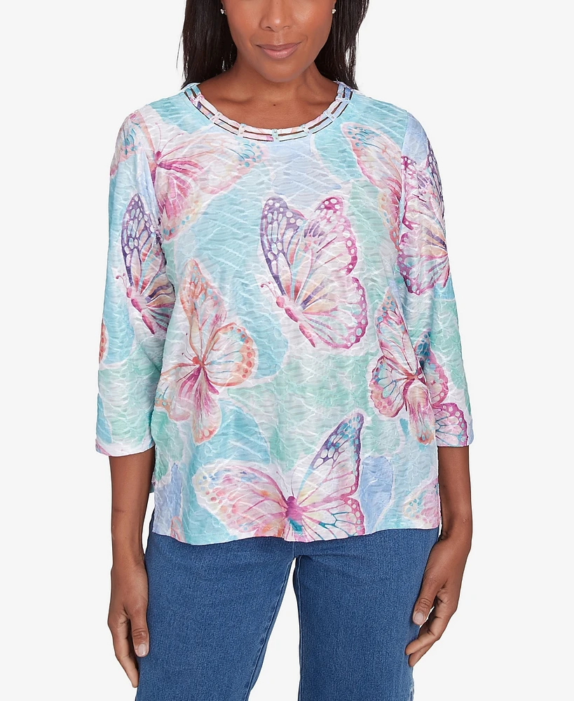 Alfred Dunner Women's Classic Butterfly Crewneck Three Quarter Sleeves Top