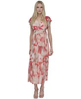 Dkny Women's Printed Flutter-Sleeve Tie-Waist Maxi Dress