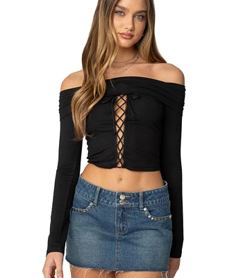 Edikted Womens Lace Up Fold Over Top