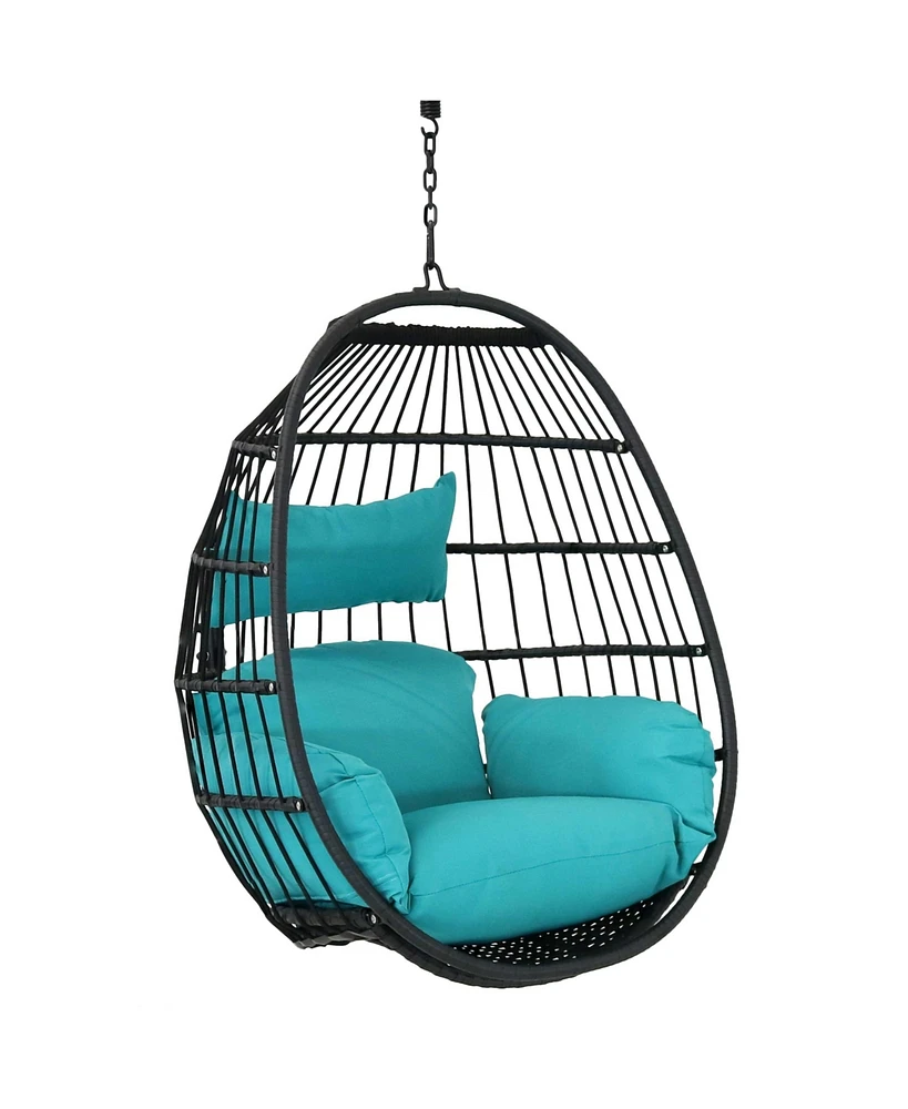 Sunnydaze Decor Dalia Black Steel and Polyethylene Wicker Hanging Egg Chair with Teal Polyester Seat Cushions - 45-Inch Tall