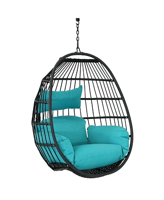 Dalia Black Steel and Polyethylene Wicker Hanging Egg Chair with Teal Polyester Seat Cushions - 45-Inch Tall