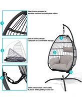 Oliver Resin Wicker Hanging Egg Chair with Gray Cushions and Steel Stand - 265-Pound Weight Capacity - 76 Inches H
