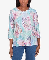 Alfred Dunner Petite Classics Butterfly Crewneck Three Quarter Sleeves Top