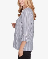 Alfred Dunner Petite Classics Embroidered Split Neck Striped Top