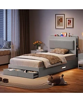 gaomon Bed Frame, Wooden Platform Bed Frame with 2-Tier Storage Headboard and 2 Drawers